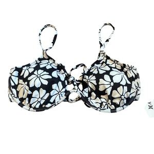 Hurley Floral Underwire Bikini Top Tie Front Black White NWT